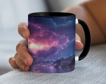 Electric Storm Mug, Fantasy Landscape Coffee Mug, Mountain River Art Mug, Lightning Storm Mug, Unique Gift for Coffee Lovers