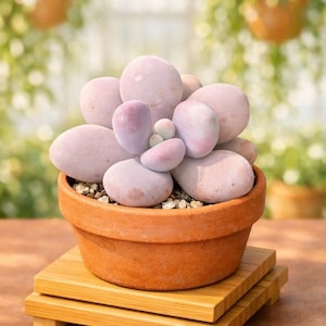 May include: A succulent plant with rounded, pale pink, fleshy leaves arranged in a rosette pattern. The plant is potted in a round, terracotta-colored clay pot filled with small pebbles, resting on a square, light-colored wooden stand.