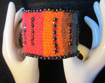 Cuff woven in a loom with beads and fibers, this one is called FALL FOLIAGE. OOAK!