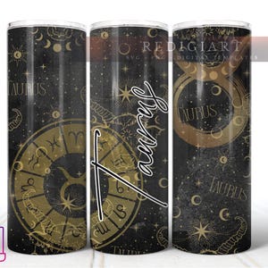May include: Three black and gold stainless steel tumblers with a zodiac design. The tumblers feature a Taurus constellation with the word "Taurus" written on each tumbler.