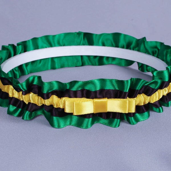 Jamaican Wedding Garter in Yellow, Green and Black Satin with Tailored Bow