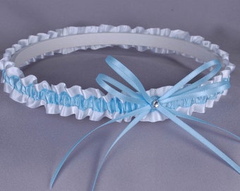 Something Blue Demi Wedding Garter in Pale Blue and White Satin with Crystal