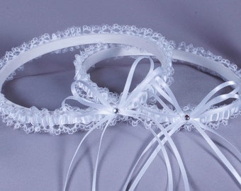 Wedding Garter Set in White Satin and Lace with Crystals