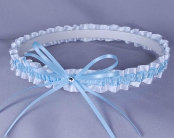 Something Blue Demi Wedding Garter in Pale Blue and White Satin with Swarovski Crystal - Ready to Ship