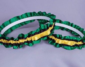 Jamaican Wedding Garter Set in Yellow, Green and Black Satin with Tailored Bows