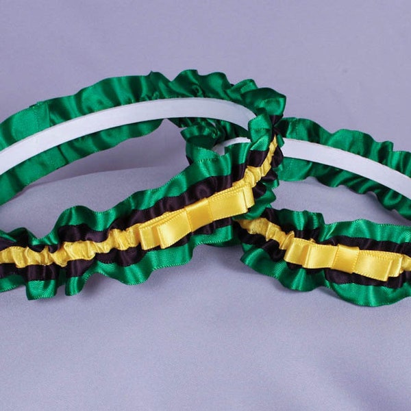 Jamaican Wedding Garter Set in Yellow, Green and Black Satin with Tailored Bows