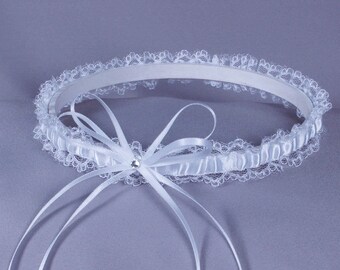 Wedding Garter in White Satin and Lace with Crystal