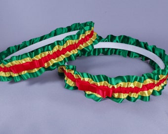 Rasta Wedding Garter Set in Red, Yellow and Green Satin with Tailored Bows