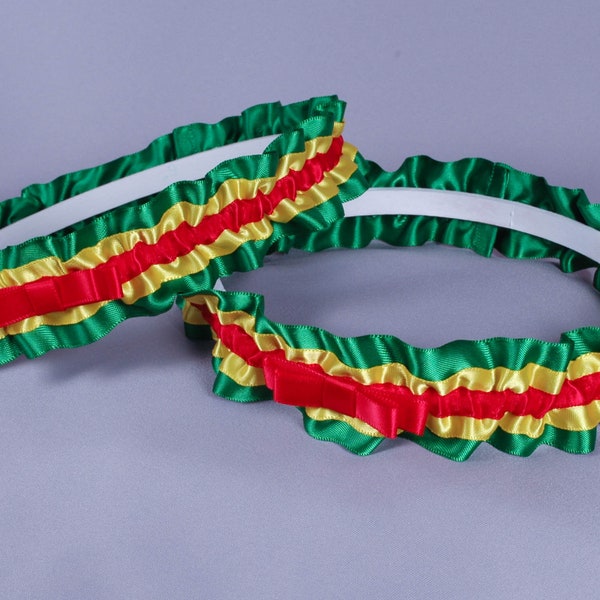 Rasta Wedding Garter Set in Red, Yellow and Green Satin with Tailored Bows