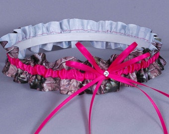 Wedding Garter in Hot Pink and Realtree Camouflage Grosgrain with Crystal