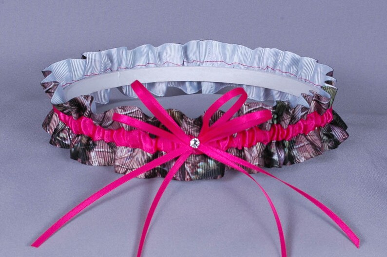 Wedding Garter in Hot Pink and Realtree Camouflage Grosgrain with Crystal Ready to Ship image 1