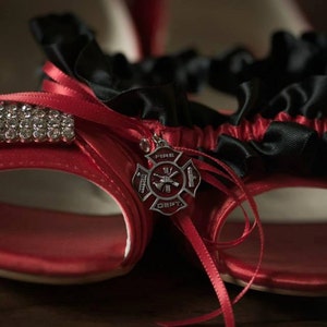 Thin Red Line Firefighter Wedding Garter in Red and Black Satin with Maltese Cross Charm