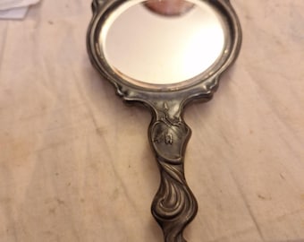 Antique Art Nouveau Silver Cupid Cherub Angel Figural Hand-Held Vanity Mirror