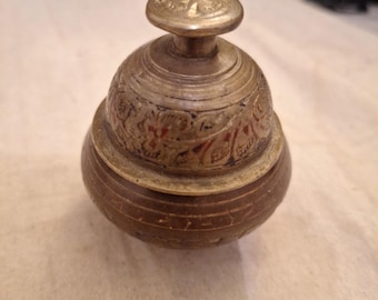 Antique India Elephant Claw Solid Brass Bell Etched Temple Hand Engraved Vintage