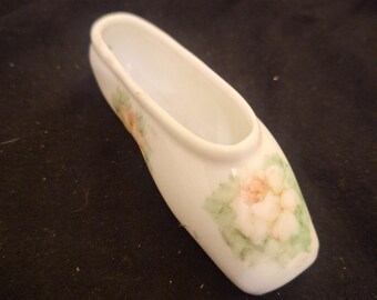 Art Glass Hand Painted Milk Glass Ballet Slipper Trinket Dish With Floral Motif