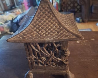 Beautiful Cast Iron Vintage Japanese Hanging Pagoda Candle Holder With Dragonfly