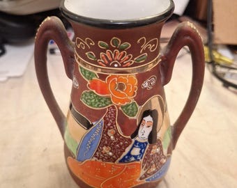 Vintage Japanese SATSUMA Moriage Gilded Immortals / Geshia Vase + Handles