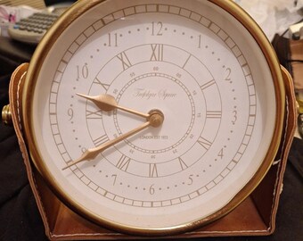 Vintage Trafalgar Square Roman Numeral Gold Tone Clock Leather Stand