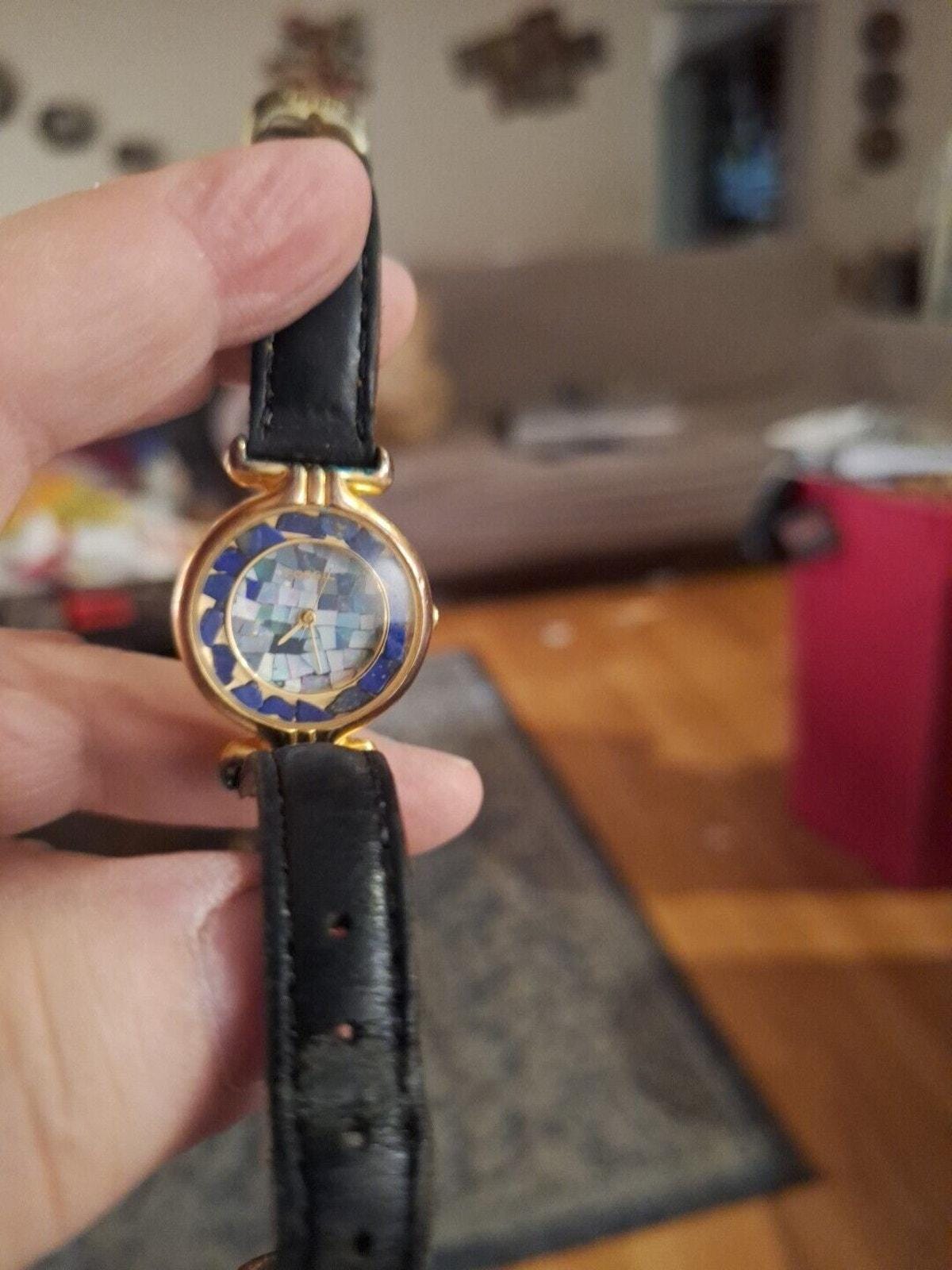 Vintage Fossil Watch, Blue Marble Face, Gold Tone, 1990s 