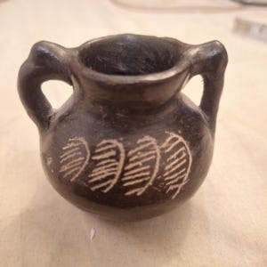 Quinchamali Chilian Folk Art Black Ceramic Double Handled Pot 2 In. Tall