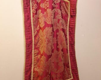 Damask Table Runner With Pleated Trim And Cord. 41 In X 24 In. Red And Gold