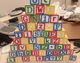 VTG Wood Play Blocks Toy 54 Blocks with Colored Letters on 2 Sides 1.25 In.