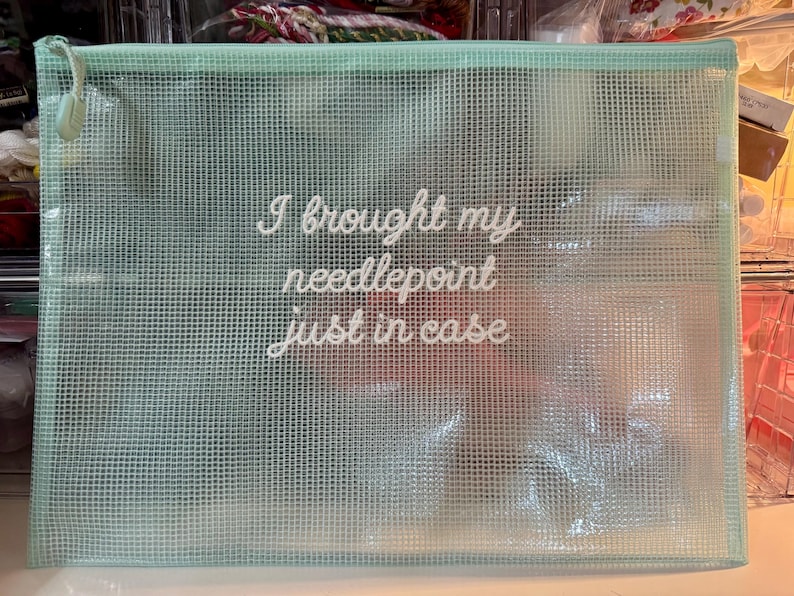 May include: A light green, mesh-textured zippered pouch with the text "I brought my needlepoint just in case" in white script. The pouch is rectangular and appears to be made of a durable, semi-transparent material, ideal for storing craft supplies.
