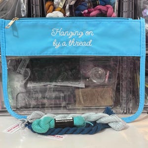Needlepoint Threads Project Bag —Small — Embroidered Vinyl Pouch — Hanging on by a Thread