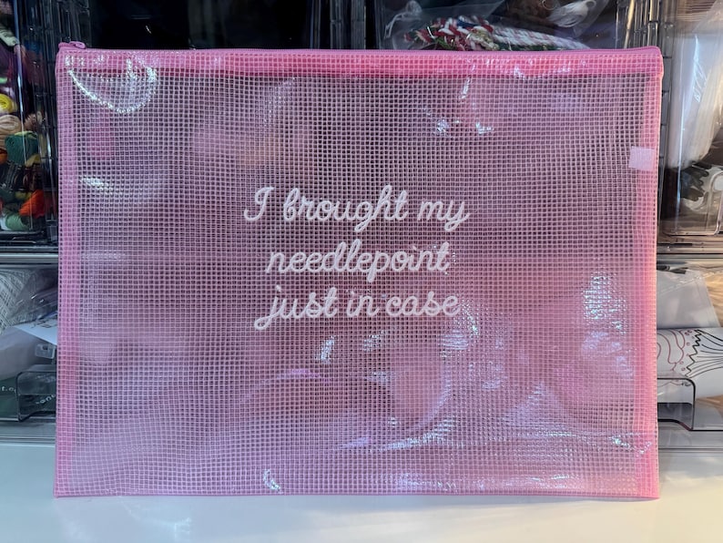 May include: A pink mesh zippered pouch with the text "I brought my needlepoint just in case" in white script. The pouch is rectangular and appears to be made of a semi-transparent material, with a pink zipper and trim.