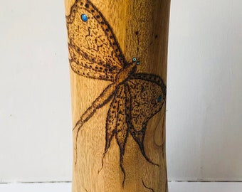 FREEDOM IN FLIGHT, butterfly on an avocado wood hand turned vase with insert free shipping U.S.