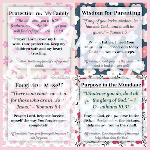 May include: Four square cards with floral borders and text. Topics include family protection, parenting wisdom, self-forgiveness, and finding purpose. Each card features a quote, prayer, and affirmation.