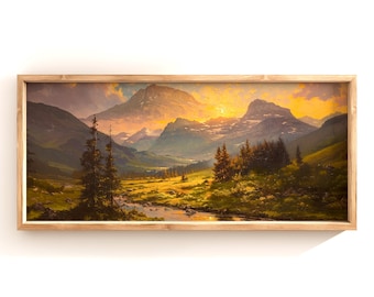Poster Zonsondergang berglandschap | Matte aquarelposter met textuur