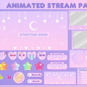 May include: Animated stream pack with a pink and purple colour scheme. The pack includes a starting soon screen, a new subscriber alert, a new follower alert, a schedule, and a set of buttons for about me, donate, and a moon icon. The pack also includes a set of animated hearts and stars.