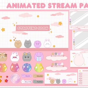 Puede incluir: Un paquete de transmisión animado rosa con varios gráficos de animales lindos. Incluye elementos de superposición, como pantallas, nubes, estrellas y botones con texto como "Starting Soon", "Donate" y "Schedule".