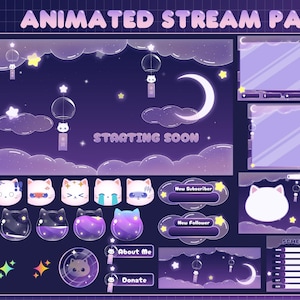Cat Wind Chime Twitch Animated Stream Package | Overlay Package | Twitch Overlay | Alerts | Sub Badges | Screen | Purple | Star | Moon|Cloud