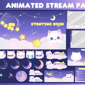 以下が含まれることがあります： 紫と青の背景に、青い目をしたかわいい白い猫が描かれたアニメーションストリームパック。パックには、開始画面、新規登録者アラート、新規フォロワーアラート、スケジュール、さまざまなアニメーション猫の絵文字が含まれています。