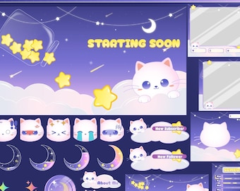 Cute Galaxy Cat Twitch Animated Stream Package | Overlay Package | Twitch Overlay | Alert | Sub Badge | Screen | Moon | Stars | Cute Overlay