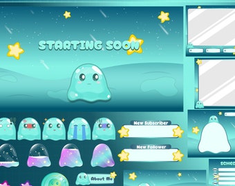 May include: Animated stream pack with a blue and green color scheme featuring a cartoon blob character. The pack includes a starting soon screen, new subscriber and follower alerts, a schedule, and other animated elements.