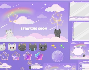Cat Baloon Twitch Animated Stream Package | Overlay Package | Twitch Overlay | Alert | Sub Badge | Screen | Cloud | Star | Cute Cat Overlay
