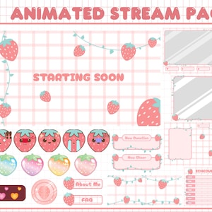 Strawberry Twitch Animated Stream Pack | Overlay Package | Twitch Overlay | Alert | Sub Badge | Screen |  Pastel | Cute overlay | Strawberry