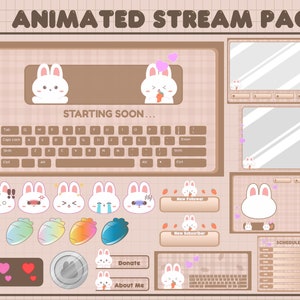 以下が含まれることがあります： ピンクのアクセントが付いたかわいい白いウサギをフィーチャーした、アニメーションストリームオーバーレイのセット。オーバーレイには、まもなく開始画面、新しいフォロワーアラート、新しいサブスクライバーアラート、スケジュール、寄付ボタンが含まれています。オーバーレイは、薄い茶色とピンクのカラーテーマで、市松模様のデザインになっています。