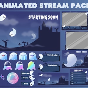 Könnte beinhalten: Animiertes Stream-Paket mit Halloween-Thema. Das Paket enthält einen Startbildschirm, eine Benachrichtigung über neue Abonnenten, eine Benachrichtigung über neue Follower, einen Zeitplan und verschiedene animierte Geister-Overlays. Die Farben sind Blau, Lila und Weiß.