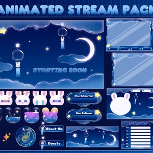 May include: Animated stream pack with a blue and white night sky theme. The pack includes a starting soon screen, new subscriber and new follower alerts, a schedule, and a set of bunny avatars. The text "STARTING SOON" is displayed on the screen.