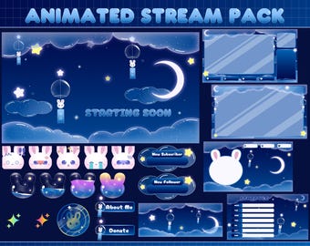 May include: Animated stream pack with a blue and white night sky theme. The pack includes a starting soon screen, new subscriber and new follower alerts, a schedule, and a set of bunny avatars. The text "STARTING SOON" is displayed on the screen.
