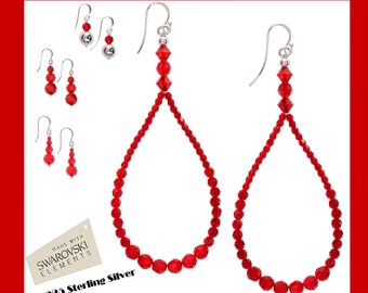 Swarovski Red Crystal Earrings - 925 Sterling Silver