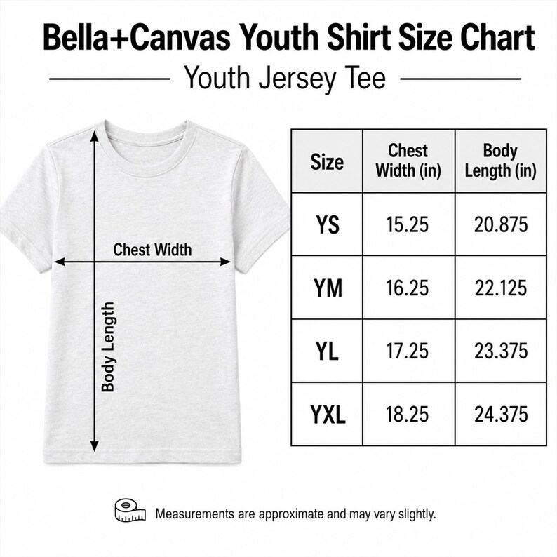 May include: A Bella+Canvas youth jersey tee size chart featuring a light gray t-shirt with arrows indicating chest width and body length. A table lists sizes YS, YM, YL, and YXL with corresponding measurements in inches for chest width and body length.