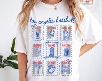 Los Angeles Baseball Comfort Colors® T-Shirt, Hand Drawn Womens Coquette Bow Baseball Tee, LA Baseball Mom Shirt, Cute Doodle Game Day Shirt
