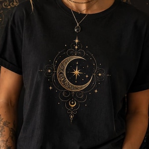 Camiseta Celestial Moon Star, Camiseta Witchy, Camiseta Boho Moon Phase Graphic Tee, Top de Astrología Mística