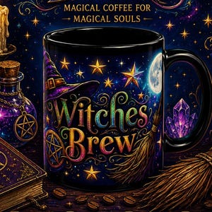 Caneca com ilustração artística de poção de bruxa, caneca de café preta com tema de bruxaria, presente.