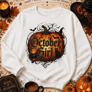 October Girl Sweatshirt | Halloween Pumpkin Bat Crewneck | Jack-O-Lantern Graphic Sweater | Fall Autumn Pullover | Cute Halloween Gift